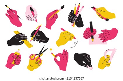 Hands hold stationery. Drawing workshop elements. Human arms writing with pens or pencils. Scissors and ruler. Paint brush and paper knife. Office supplies. Vector