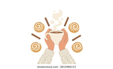 Hands hold a steaming mug of cozy beverage surrounded by aromatic cinnamon sticks and sweet spiral pastries on a soft cream backdrop.