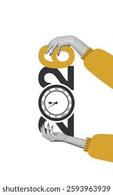 Hands hold up a stylized representation of the year 2026, accompanied by a clock showing the time, symbolizing the excitement of welcoming a new year and fresh opportunities ahead.