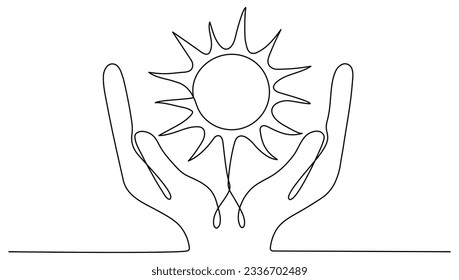 Hands hold sun continuous one line drawn. Vector illustration isolated on white.