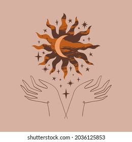 Hands hold sun and crescent moon. Boho style art, mystical symbol, minimalist trendy style. Magical illustration, spiritual, astrology content image.