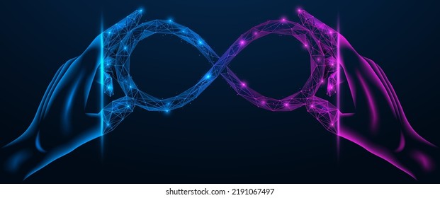 Hands hold the symbol of the infinity of the metaverse. Transition to digital virtual space. Low-poly design of interconnected lines and dots.