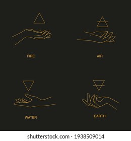 Hands hold symbols of alchemical elements - fire, air, water, earth. Collection of mystical signs. Vector illustration on dark background