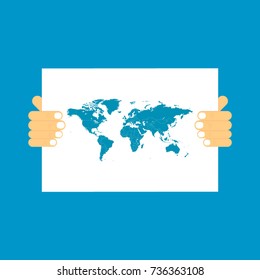 hands hold a table with a map on a blue background