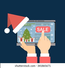 Hands Hold Tablet with Christmas web icons on the screen.  E-commerce business, New Year seasonal sale. Vector illustration