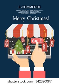 Hands Hold Tablet with Christmas web icons on the screen. E-commerce business, New Year seasonal sale. Vector illustration