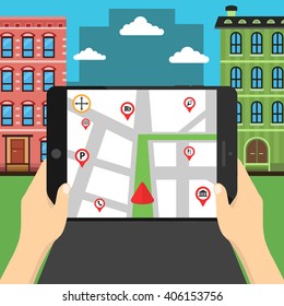Hands hold tablet with city map gps navigator on tablet screen. Mobile navigation path on the road in city. Flat vector illustration.