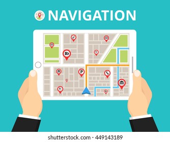 Hands hold tablet with city map gps navigator on tablet screen. Navigation path on the road in city. Flat vector illustration.