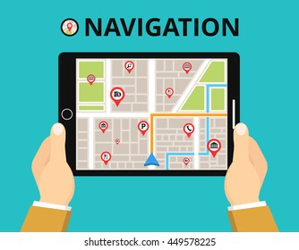 Hands hold tablet with city map gps navigator on tablet screen. Navigation path on the road in city. Flat vector illustration.