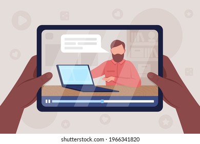 Hands hold tablet with computer unpacking video flat color vector illustration. Watch stream on technology. Online tutor 2D cartoon character with electronics workshop on background
