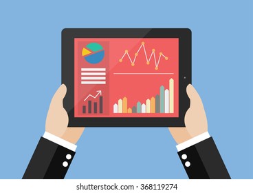 Hands hold tablet with flat simplistic inforgraphic charts on a screen. Flat style design