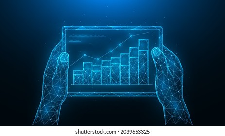 Hands hold a tablet with a graph of increase. Growth of investment, increase in sales. Analyzing of financial statistics. Polygonal vector illustration made of lines and dots on a blue background.