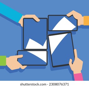 Hands hold a tablet and mobile phone on the screens of which there is a check mark icon. Concept of modern communication devices and confirmation symbol. 