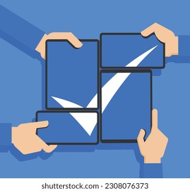 Hands hold a tablet and mobile phone on the screens of which there is a check mark icon. Concept of modern communication devices and confirmation symbol. 