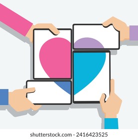 Hands hold a tablet and mobile phone. Concept of modern communication devices and heart symbol.