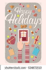 Hands Hold Tablet New Year Christmas Gift Decoration Vector Illustration