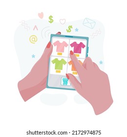 Hands hold a tablet with an open page of the online store. Concepts of internet technology and online shopping. Woman holds a tablet in her hand and makes a purchase. Vector illustration.