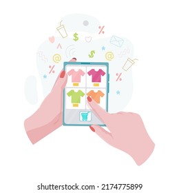 Hands hold a tablet with an open page of the online store. Concepts of internet technology and online shopping. Woman holds a tablet in her hand and makes a purchase. Vector illustration.