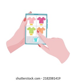 Hands hold a tablet with an open page of the online store. Concepts of internet technology and online shopping. Woman holds a tablet in her hand and makes a purchase. Vector illustration.