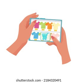 Manos con una tableta con una página abierta de la tienda en línea. Conceptos de tecnología de internet y compras en línea. La mujer sostiene un comprimido en la mano y hace una compra. Ilustración vectorial.