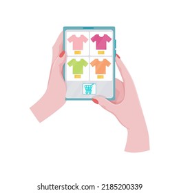 Manos con una tableta con una página abierta de la tienda en línea. Conceptos de tecnología de internet y compras en línea. La mujer sostiene un comprimido en la mano y hace una compra. Ilustración vectorial.