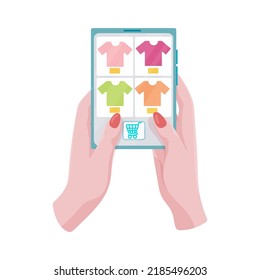 Manos con una tableta con una página abierta de la tienda en línea. Conceptos de tecnología de internet y compras en línea. La mujer sostiene un comprimido en la mano y hace una compra. Ilustración vectorial.