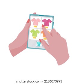 Hands hold a tablet with an open page of the online store. Concepts of internet technology and online shopping. Woman holds a tablet in her hand and makes a purchase. Vector illustration.