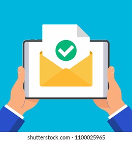 Hands hold tablet pad devise with open envelope document paper sheet  page check mark tick, no text icon vector illustration flat design isolated on blue background. Symbol recieving e-mails confirm