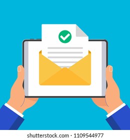 Hands hold tablet pad devise with open envelope document paper sheet  page check mark tick and text icon vector illustration flat design isolated on blue background. Pointer finger touch the screen