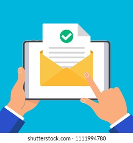 Hands hold tablet pad devise with open envelope document paper sheet  page check mark tick and text icon vector illustration flat design isolated on blue background. Pointer finger touch the screen