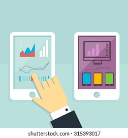 Hands hold tablet PC with graphs