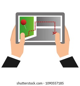 hands hold tablet pc with map and location pin marker