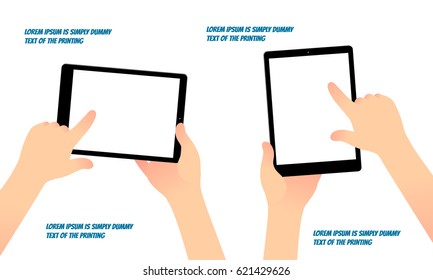 Hands hold tablet pc pointing on the blank screen.