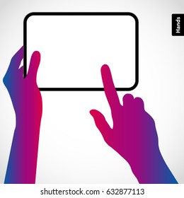 The hands hold the tablet pc and touch the screen with your finger. Vector silhouette illustration.