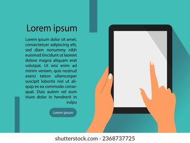 Tableta Manos Retenidas y apuntando a la pantalla. Concepto tecnológico. Ilustración del vector