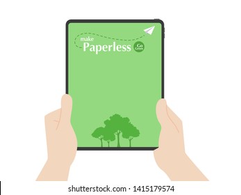 Hands Hold Tablet Trees And Rocket Paper Fly Around Paperless Logo Go Green Concept Idea, Hand Catch New Tablet Pro, Nature, Save The Planet, Read Documents, Business Device, Tablet, Screen Display.