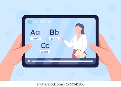 Hands hold tablet with video on english learning class flat color vector illustration. Online tutorial, internet lecture. Teacher 2D cartoon character with language alphabet to study on background