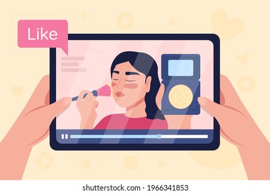 Hands hold tablet with video on make up tutorial flat color vector illustration. Beauty guru streaming internet class. Woman with cosmetics 2D cartoon character with social media button on background