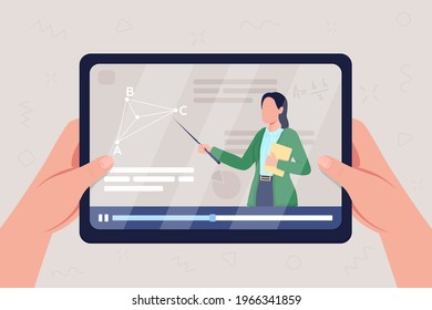 Hands hold tablet with video on geometry class flat color vector illustration. Streaming online seminar. Woman teaching mathematics course 2D cartoon character with information to learn on background