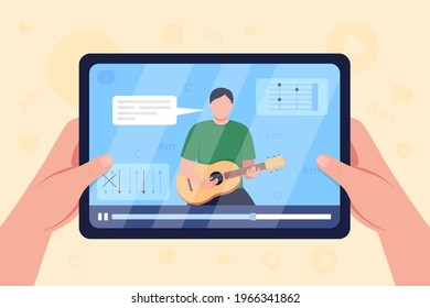 Hands hold tablet with video on guitar tutorial flat color vector illustration. Learning how to play guitar chords. Virtual class. Guitarist 2D cartoon character with screen on background