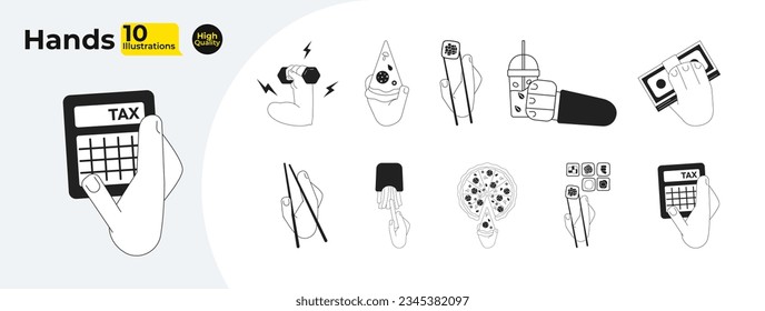 Hands hold things monochrome flat vector objects bundle. Many hands with food, money. Editable black and white thin line icon. Simple cartoon clip art spot illustration for web graphic design