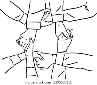 Hands hold together Teamwork concept Hand drawn line vector illustration