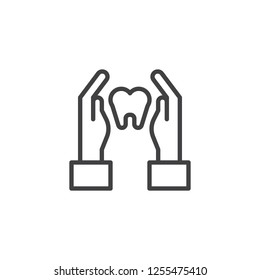 Hands hold tooth outline icon. linear style sign for mobile concept and web design. Teeth Dental care simple line vector icon. Symbol, logo illustration. Pixel perfect vector graphics