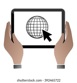 Hands hold and touch tablet PC on vhite background, vector illustration