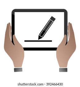 Hands hold and touch tablet PC on vhite background, vector illustration