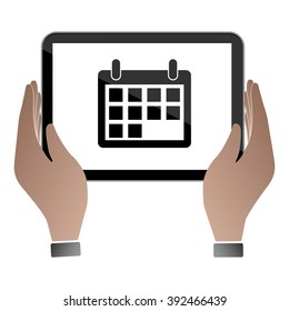 Hands hold and touch tablet PC on vhite background, vector illustration