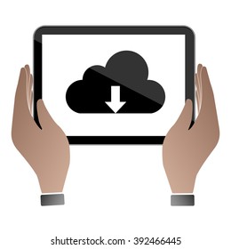 Hands hold and touch tablet PC on vhite background, vector illustration