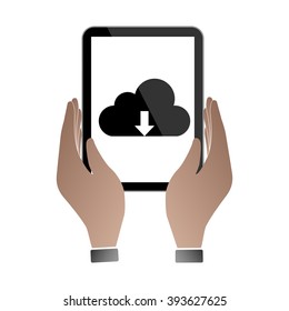Hands hold and touch tablet PC