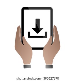 Hands hold and touch tablet PC