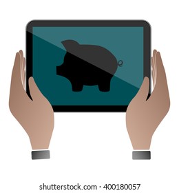 Hands hold and touch tablet PC on vhite background, vector illustration